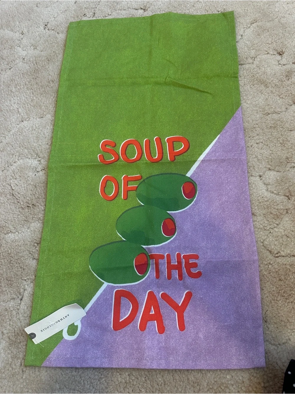 Anthropologie Green & Purple 'Soup of the Day' Olive Kitchen Towel